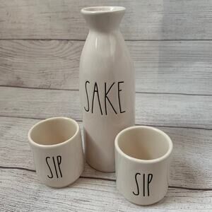 Rae Dunn Sake Sip Sip Set White with Black Lettering 1 Pitcher 2 Cups